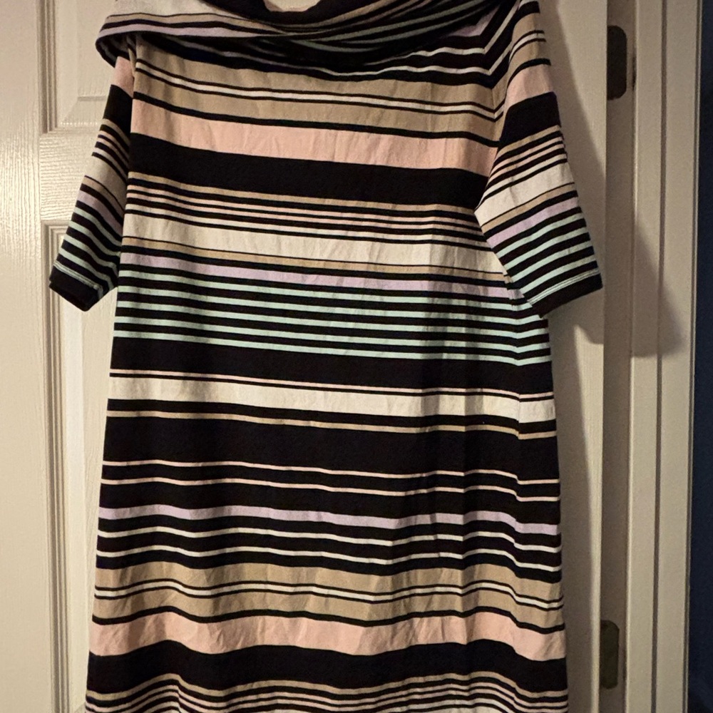 Tommy Hilfiger Black, Pink, and Cream Striped off the shoulder Mini Dress